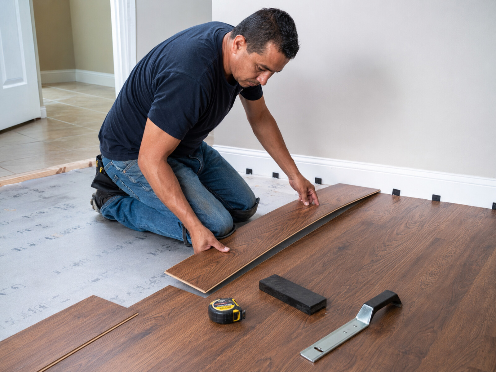 Worker installing laminate flooring planks